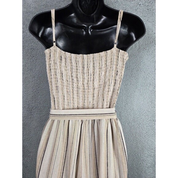 Womens Linen Blend Jumpsuit Sz L Wide Leg Striped Earth Tones Beige Belted Gauze - Picture 5 of 7